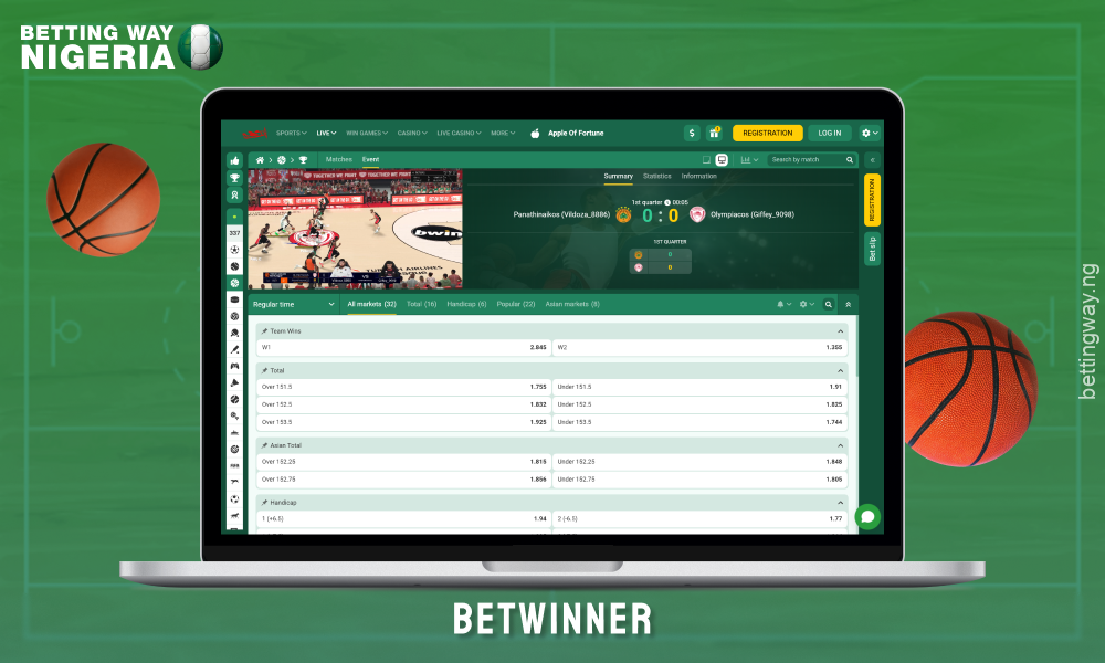 Bookmaker Betwinner offers basketball betting, with pre and live betting options, as well as broadcasts and statistics