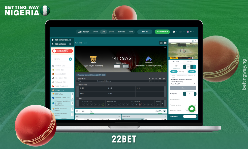 22Bet offers Nigerian punters betting on major cricket tournaments with competitive odds, live streaming and a user-friendly interface