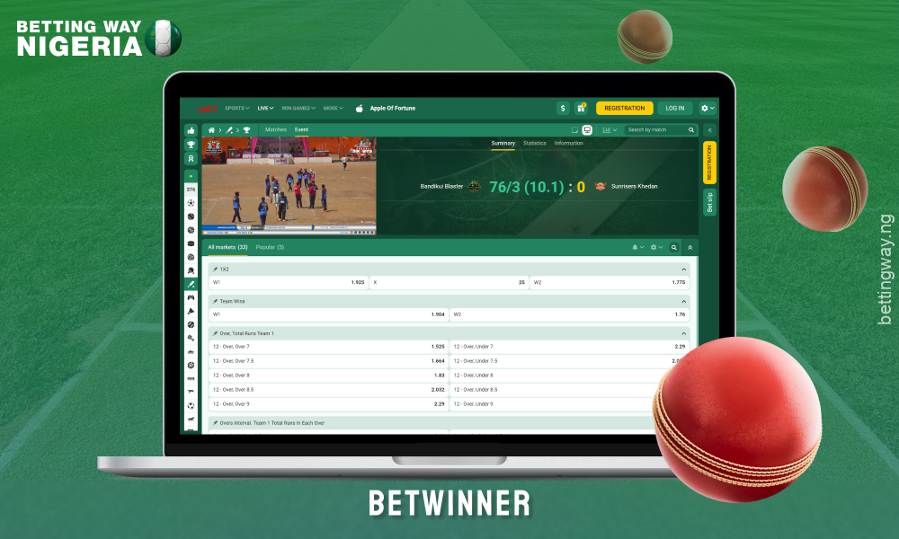 Betwinner in Nigeria offers a wide range of cricket betting with live streaming, real-time betting and a secure platform