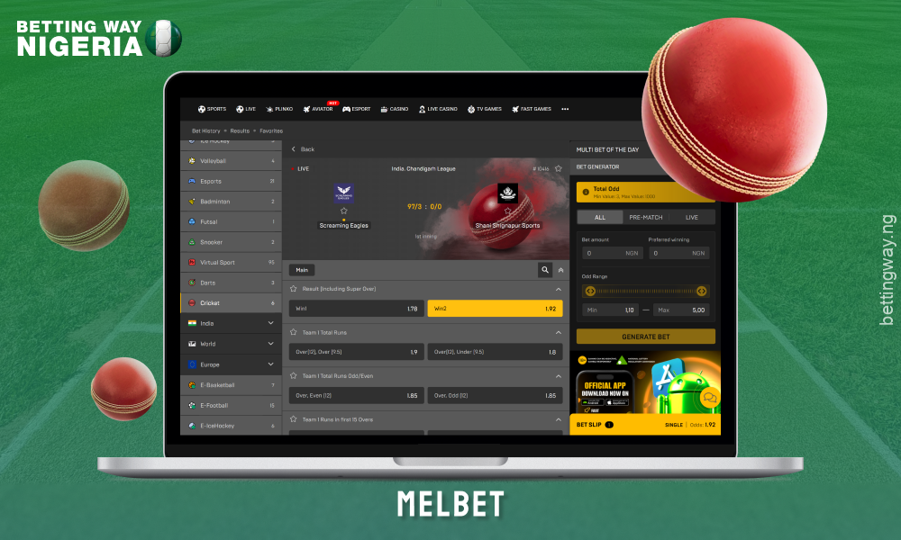 Melbet is a popular bookmaker in Nigeria, offering betting on major cricket tournaments, convenient payment methods, mobile app and generous bonuses