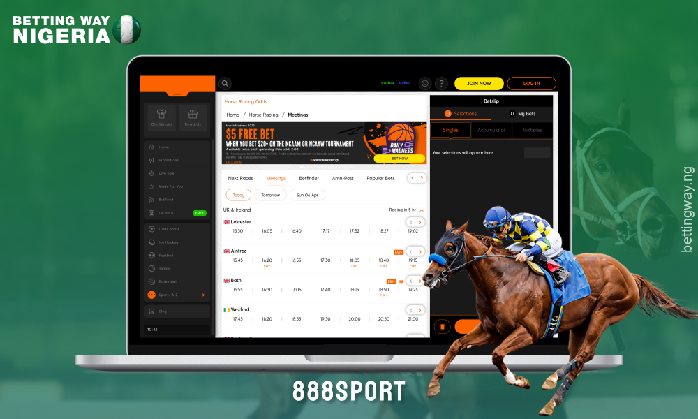 888Sport in Nigeria offers a user-friendly interface, mobile app and a wide selection of horse racing and other sports betting with live betting options