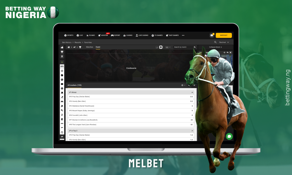 MelBet in Nigeria offers a wide range of horse racing betting as well as over 25 sports and cyber sports, with over 1,000 matches daily and generous bonuses for players