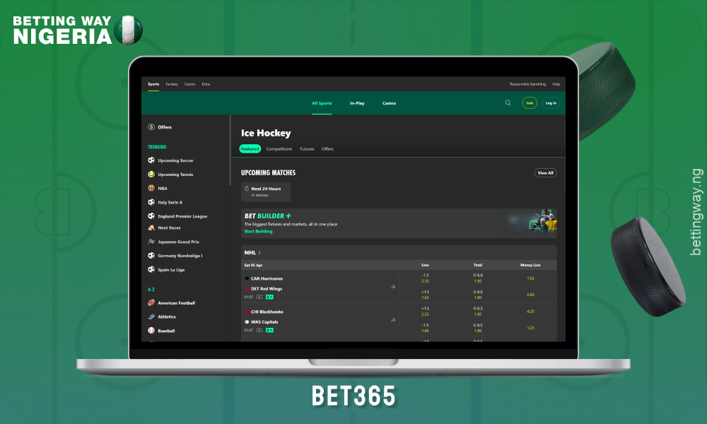Bet365 offers hockey betting with high odds, different markets and fast payouts for users in Nigeria