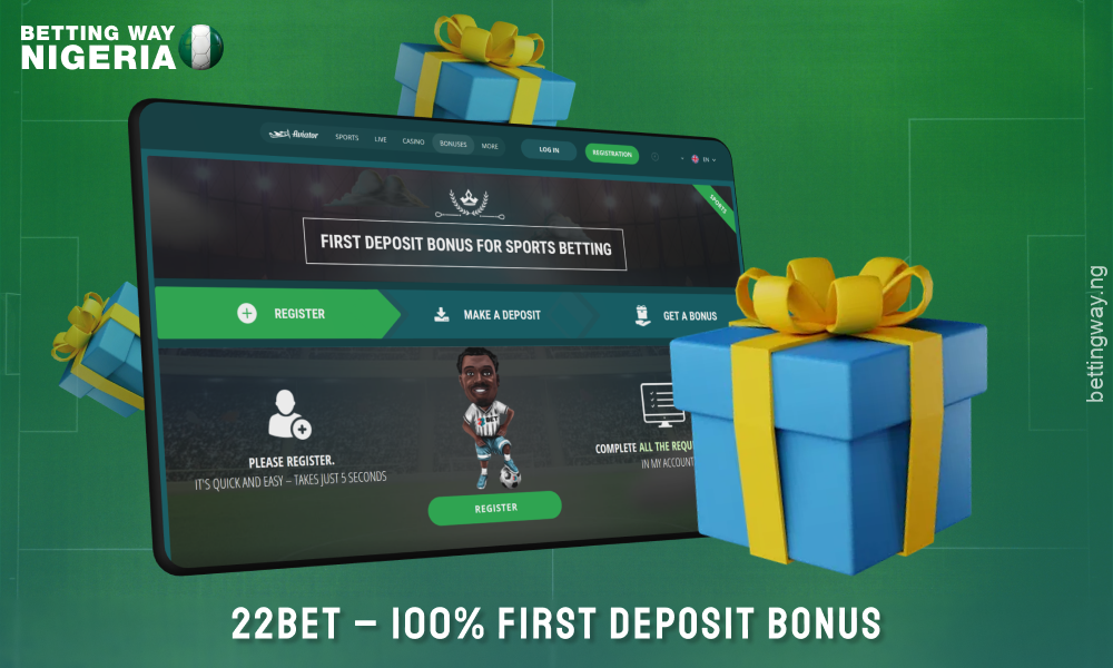 Bookmaker 22bet in Nigeria is offering 100% first deposit bonus for sports betting