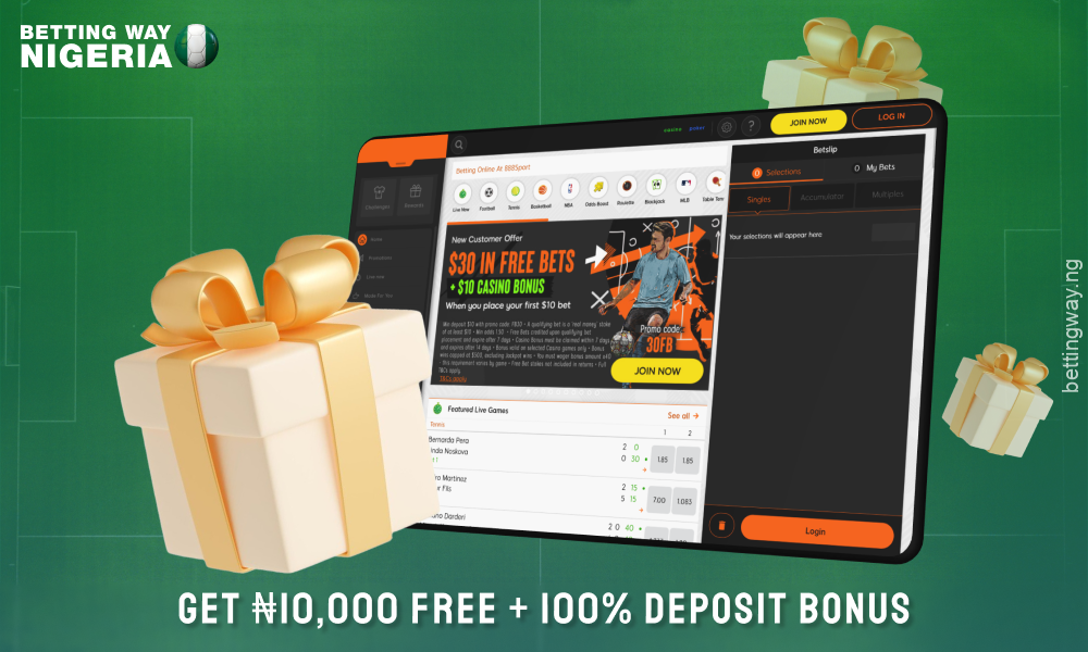 The 888sport site offers free bet and 100% sign-up bonus to players in Nigeria