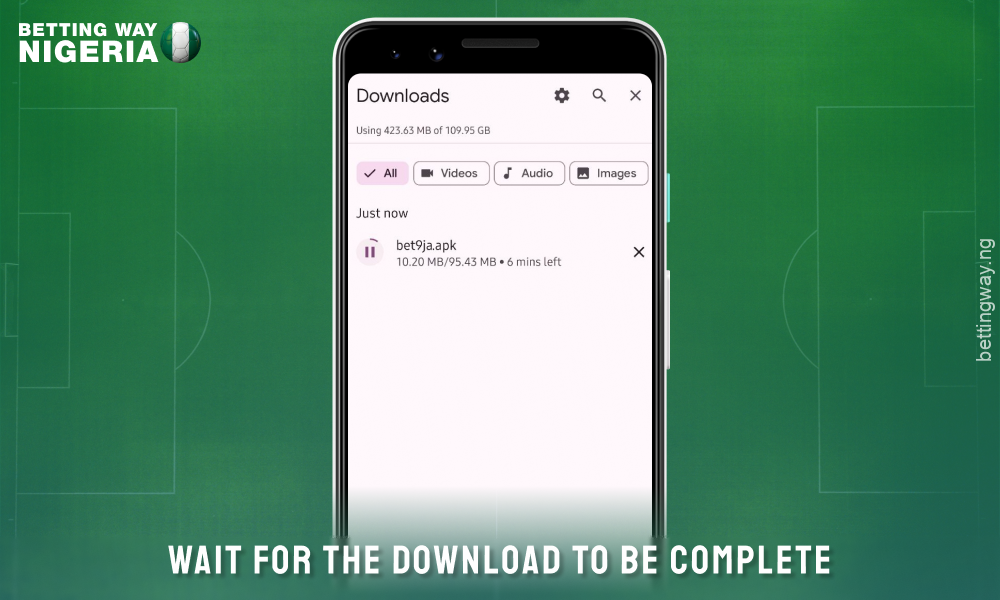 To start betting in the Bet9ja app, wait for the download to complete and install the app