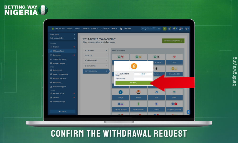 Check the entered data and confirm the transaction to withdraw your winnings to your crypto wallet