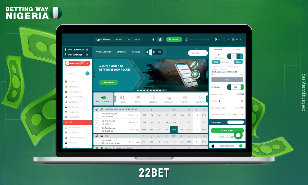 The 22Bet betting site in Nigeria allows you to deposit in dollars and offers over 1400 matches daily