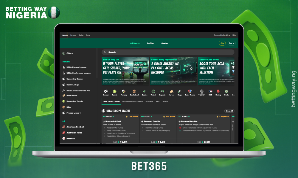 Bet365 bookmaker in Nigeria allows you to deposit in dollars via PayPal, Neteller and other services