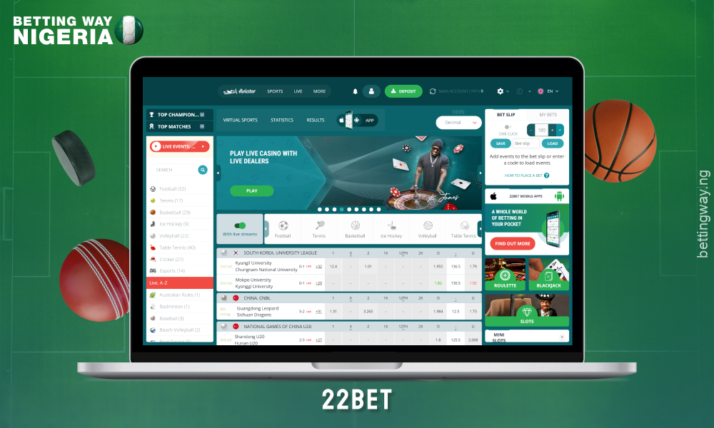 22bet offers players from Nigeria betting on over 50 sports and bonuses for new users