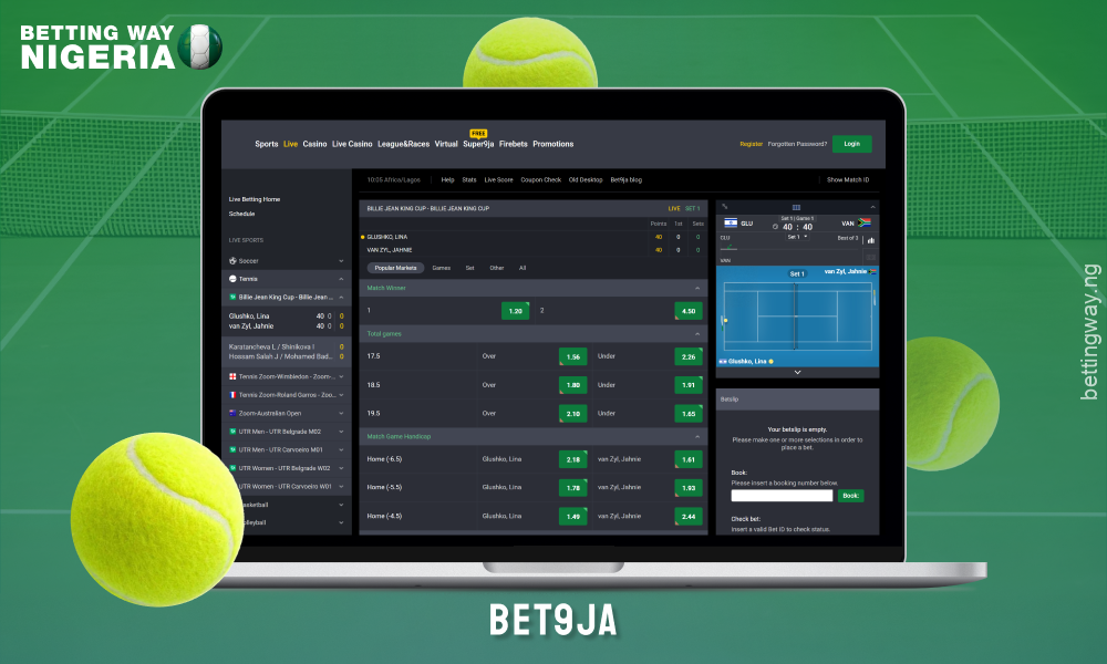Bet9ja bookmaker site in Nigeria offers a wide range of tennis tournaments and high betting odds