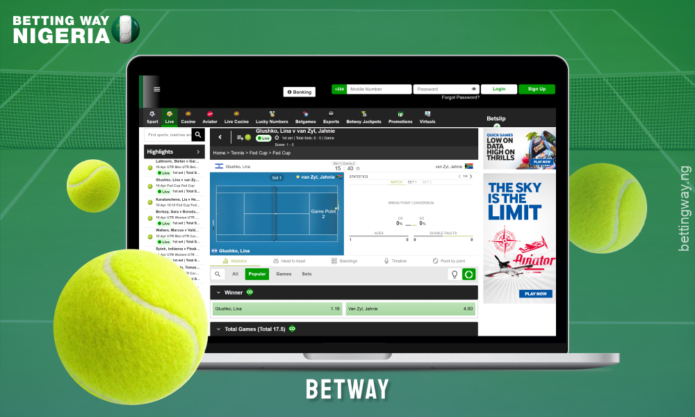 Betway betting site offers a wide range of tennis betting with a user-friendly interface and a 200% bonus