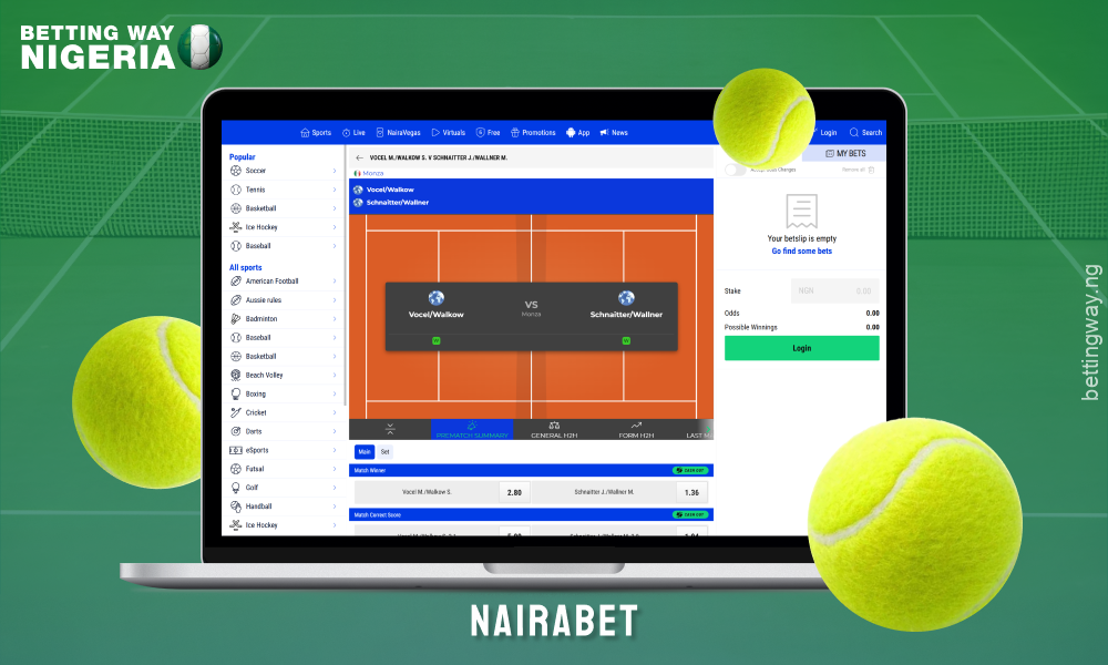 Nairabet offers Nigerians tennis betting with bonuses and a wide range of tournaments for punters