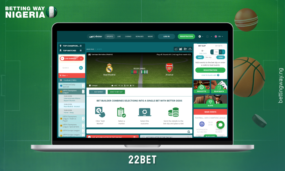 The 22bet betting site in Nigeria offers a bet constructor for 40 sports and a 100% bonus for new players