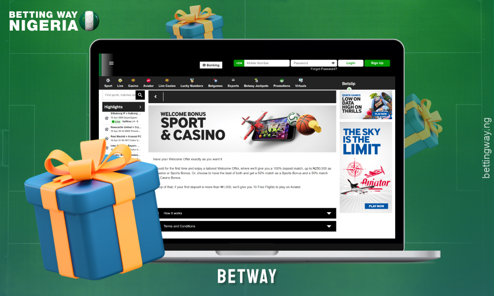 Betway offers players in Nigeria a 100% welcome bonus on sports and casinos