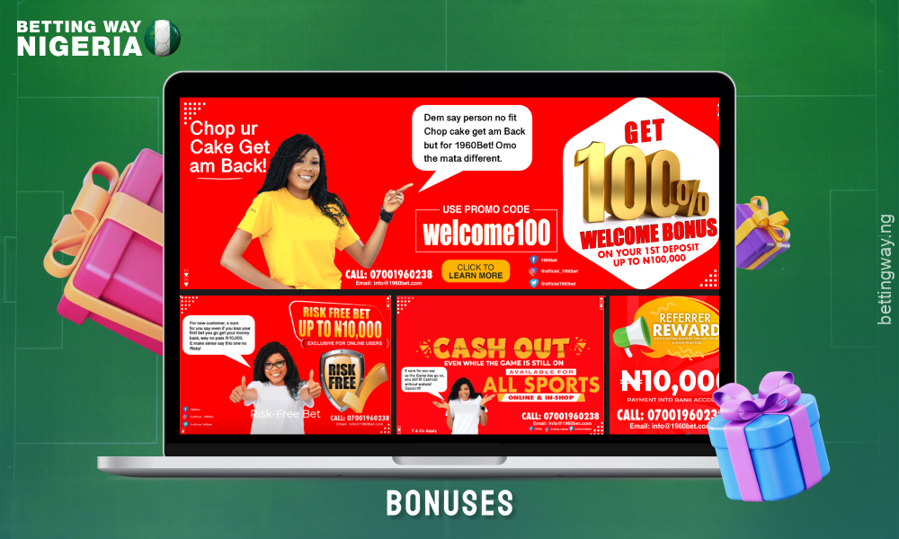 1960bet in Nigeria offers a welcome bonus of 100% on your first deposit with simple wagering terms