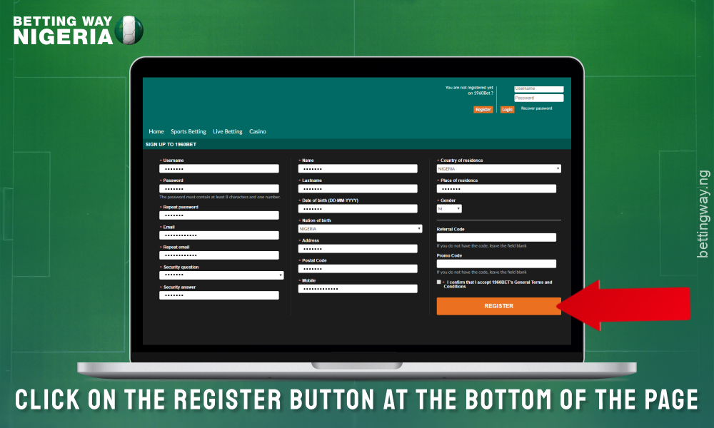 To create an account on 1960bet, check the data in the form and click the registration button