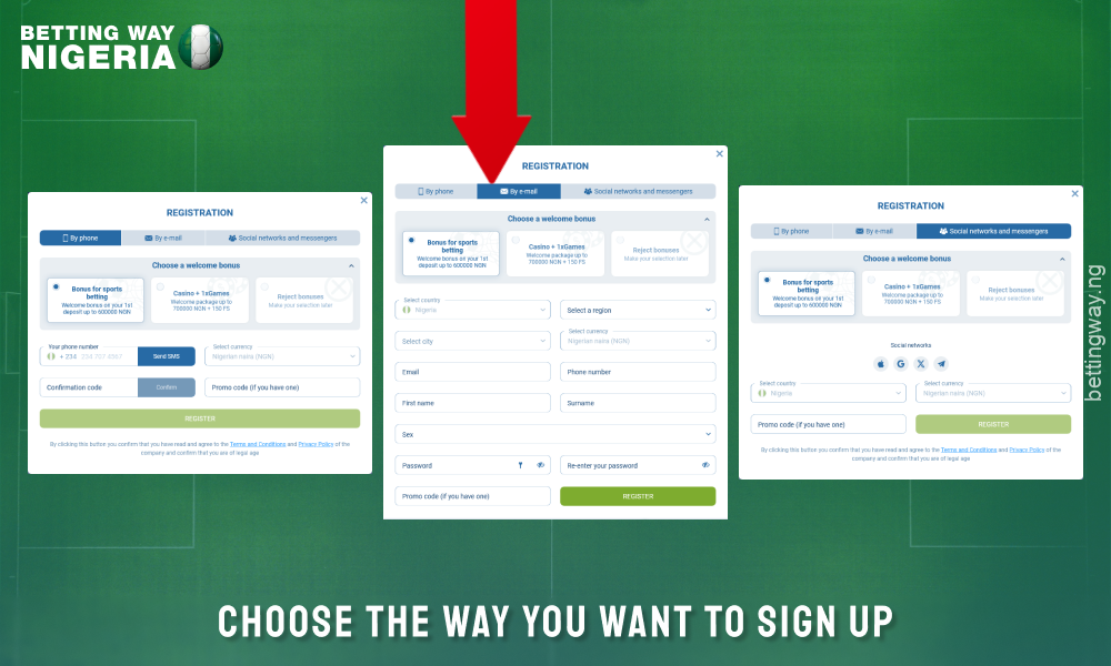 Choose a method of registration on 1xbet Nigeria