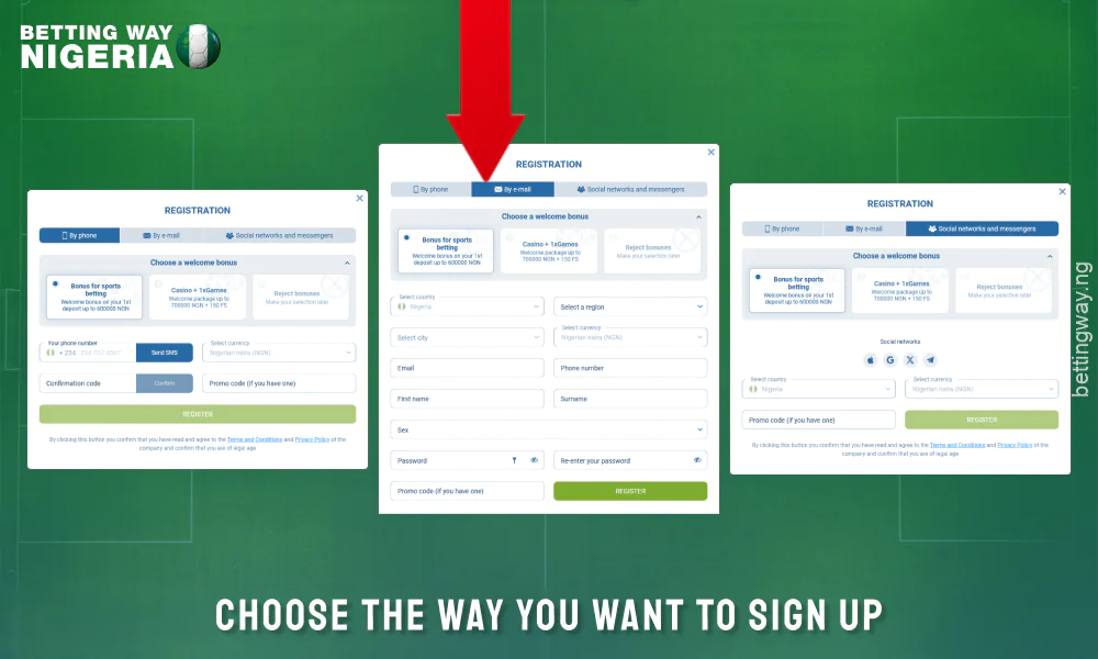 Choose a method of registration on 1xbet Nigeria