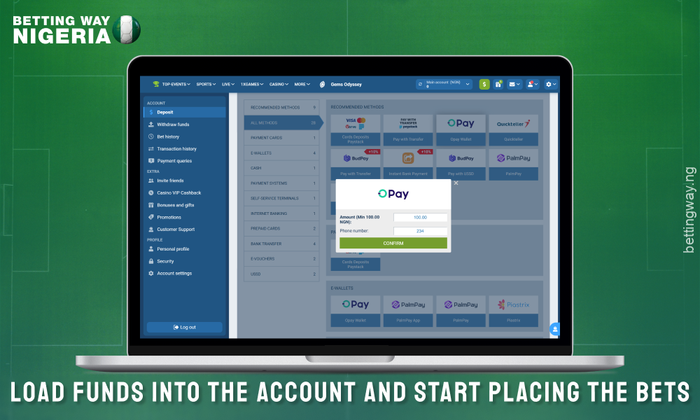 Top up your account to start betting on 1xbet Nigeria