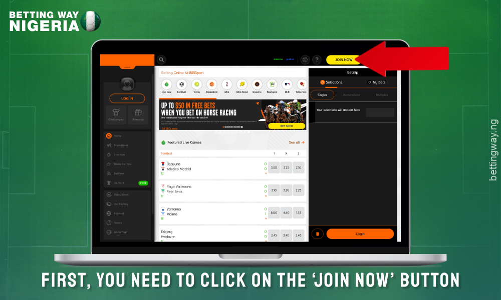 To register for 888sport Nigeria click on the Join button