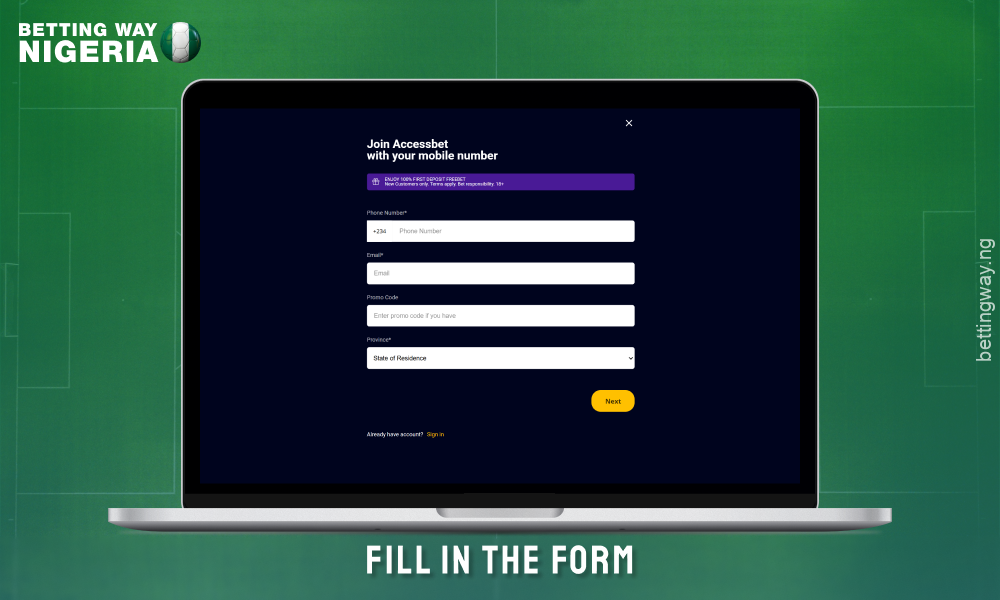 Fill out the registration form to create an account on Accessbet Nigeria