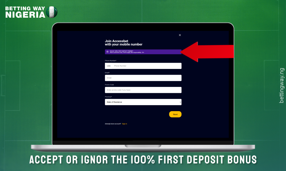 Select your preferred welcome bonus before completing your account creation at Accessbet Nigeria