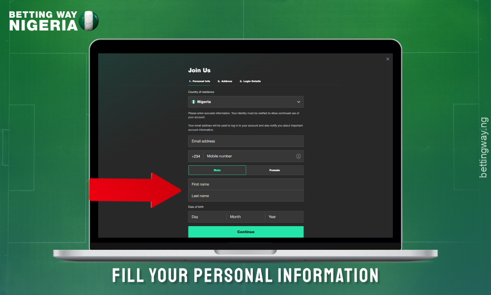Fill in your personal details to create an account on bet365 Nigeria