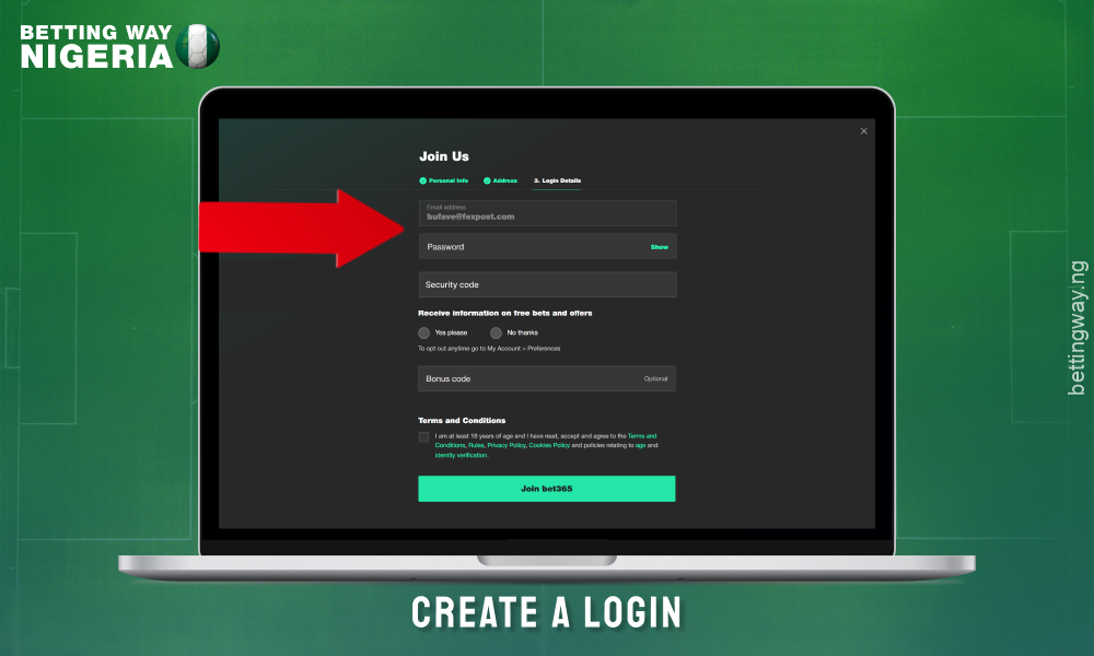 Create a login and password to register on bet365 Nigeria