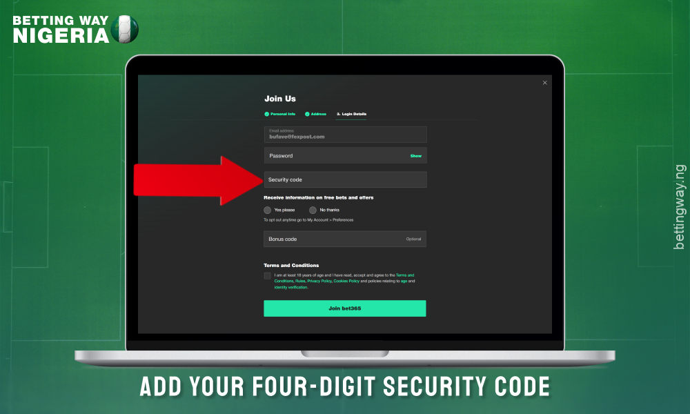 Enter security code to create account on bet365 Nigeria