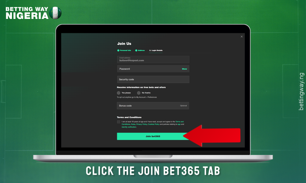 Complete your registration at bet365 Nigeria by clicking on the Join button