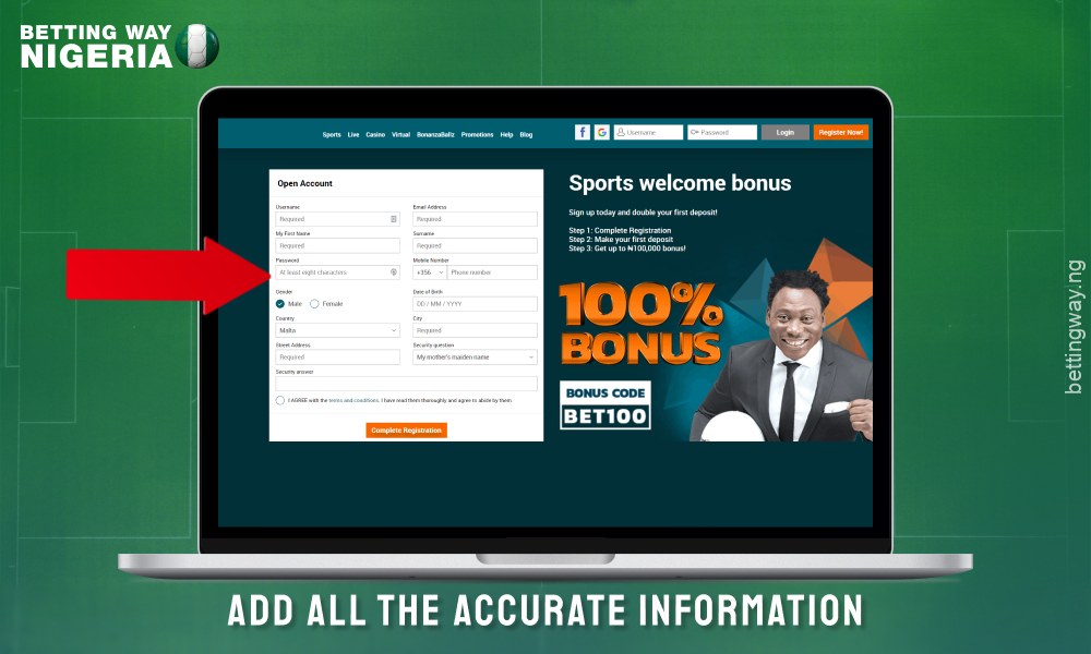 Fill out the registration form on the Betbonanza Nigeria website