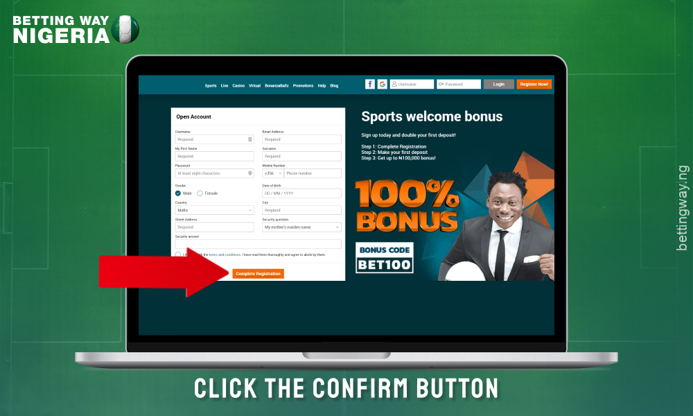 Confirm your registration on Betbonanza Nigeria website