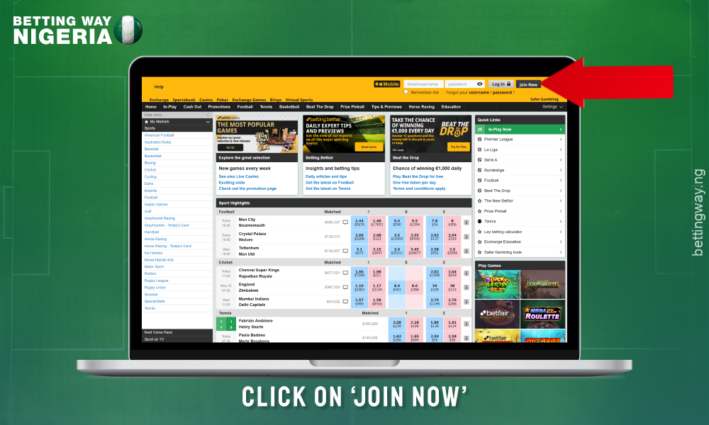 Click the betfair Nigeria registration button to create an account