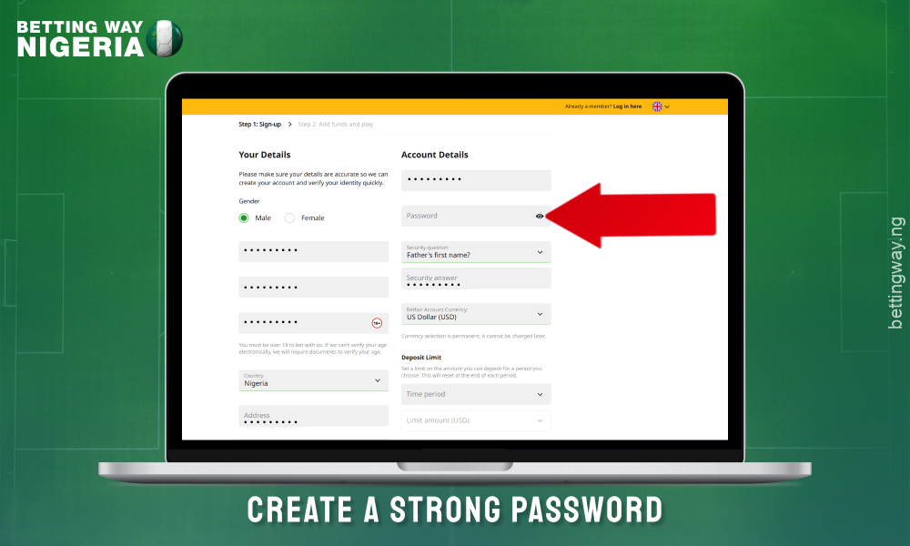 Create a password to register on betfair Nigeria