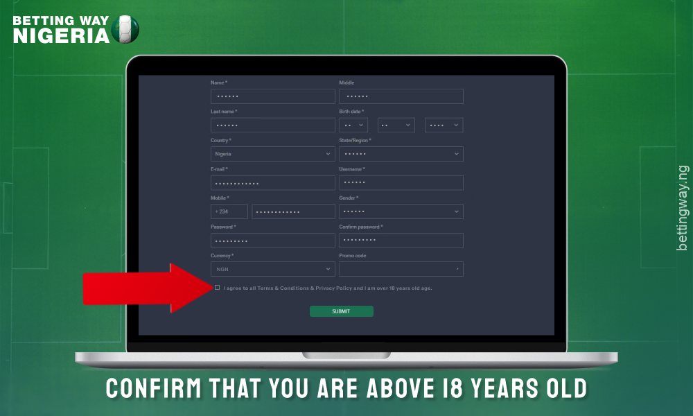 Confirm that you are over 18 to register on Betfarm