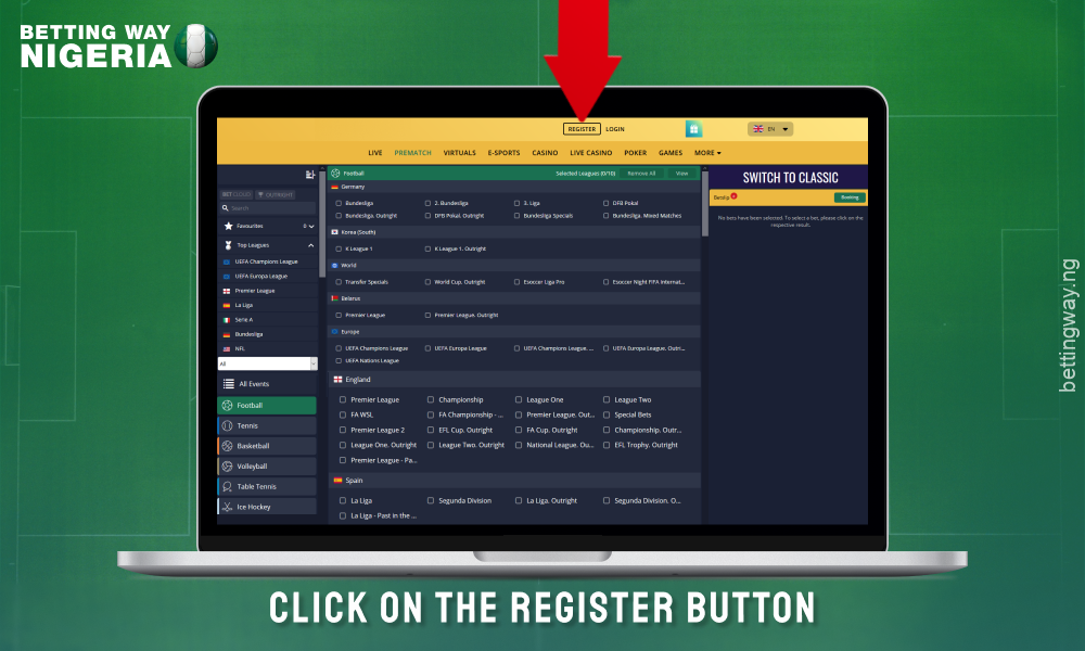 Click on the Register button to create an account and start betting on the Betfarm website