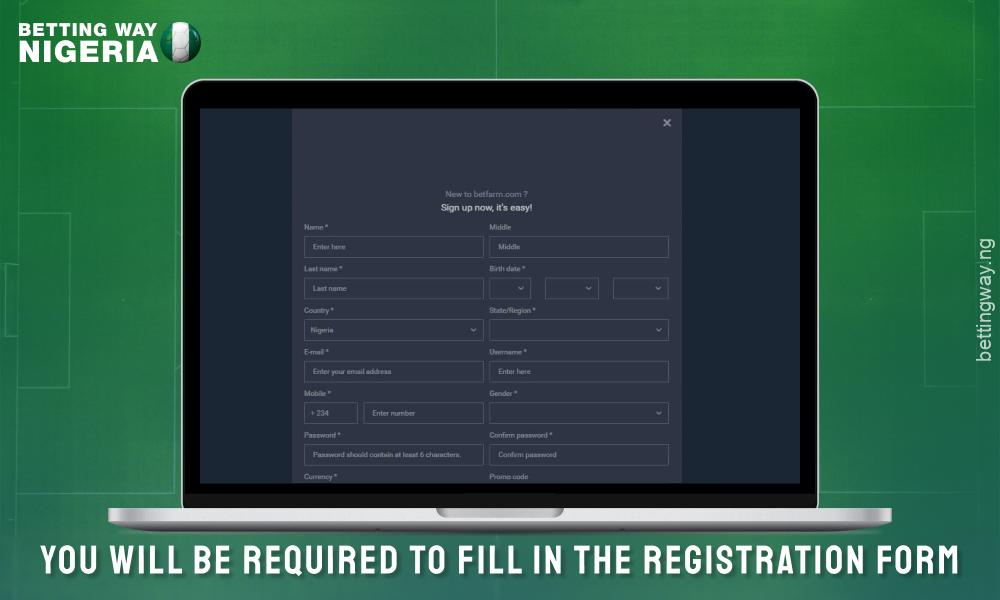 Fill out the registration form to create an account on the Betfarm website