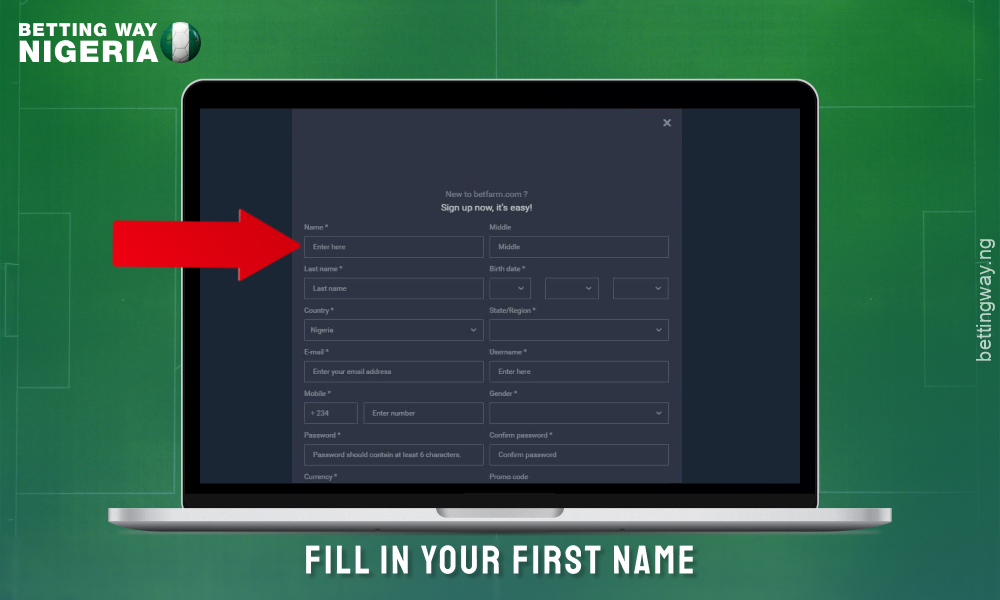 Enter your name in the registration form to create an account on the Betfarm website