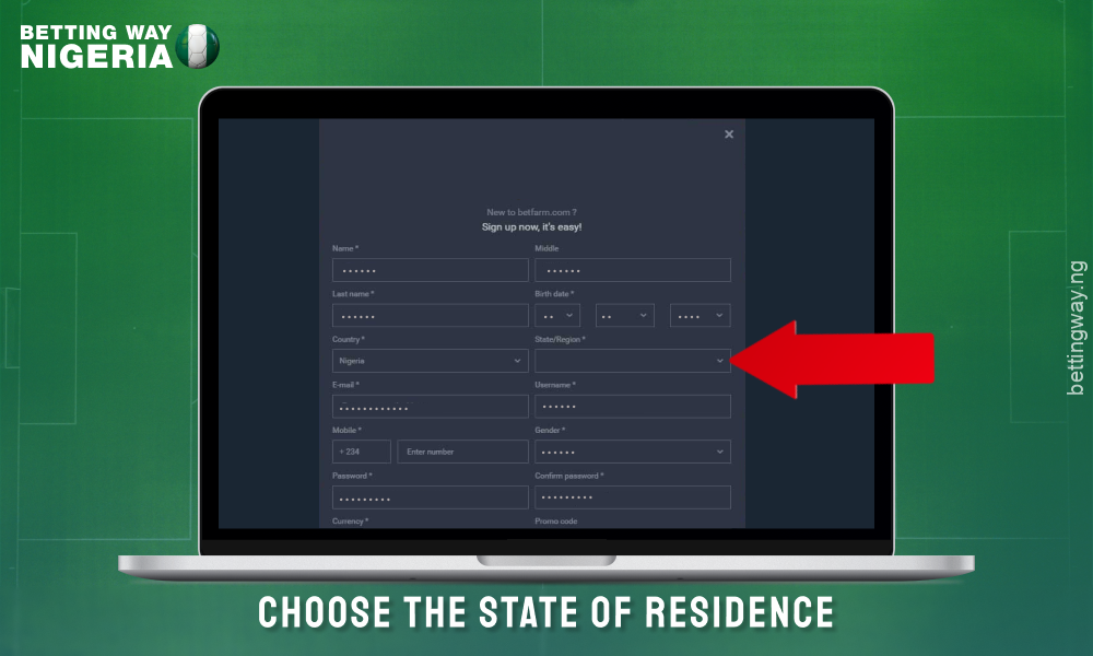 Select your state in the registration form to create an account on Betfarm