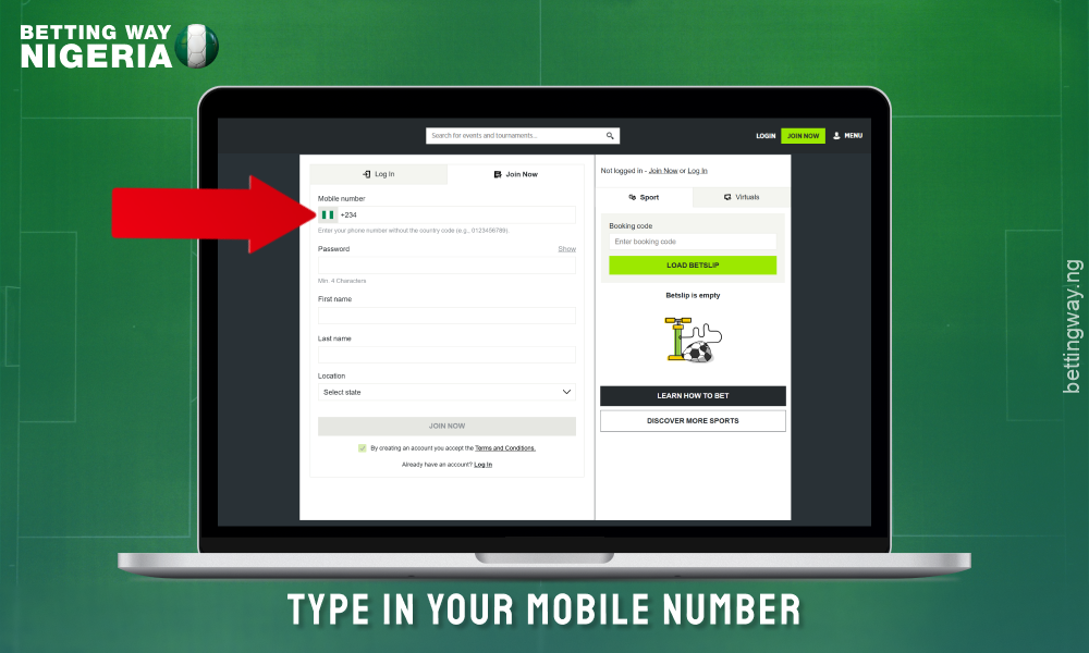 Enter your phone number to create an account on betpawa Nigeria