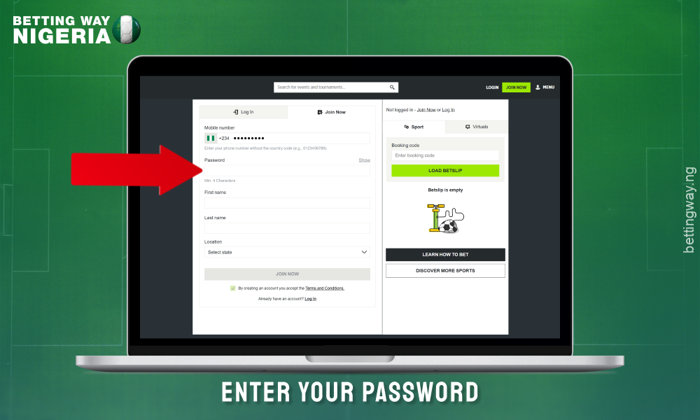 Enter password to create account on betpawa Nigeria