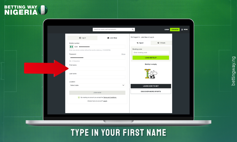 Enter your first name to create an account on betpawa Nigeria