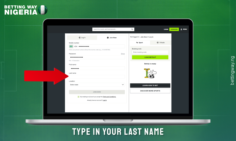 Enter your last name to register an account on betpawa Nigeria