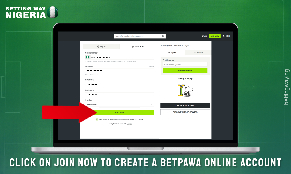 Click on the button to confirm the creation of an account on betpawa Nigeria