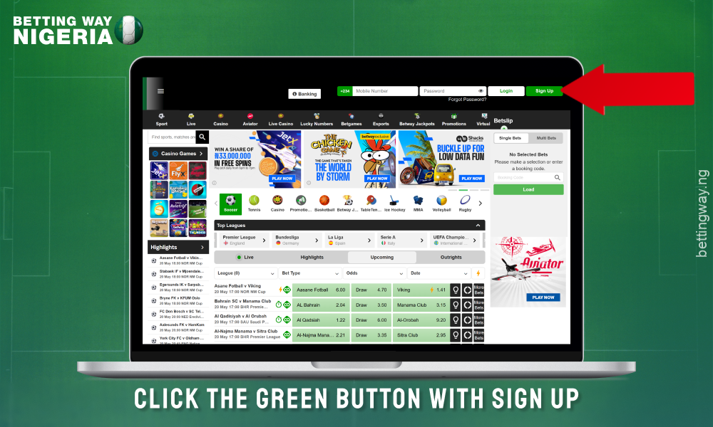 Click on the Register button to create an account on Betway