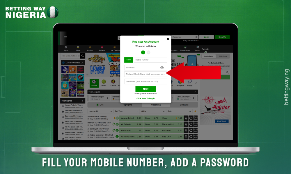 Enter your phone number and password to create an account on Betway