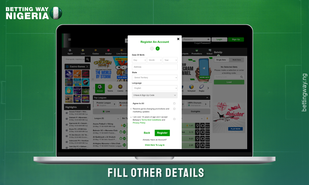 Fill in the remaining fields in the registration form to create an account on Betway