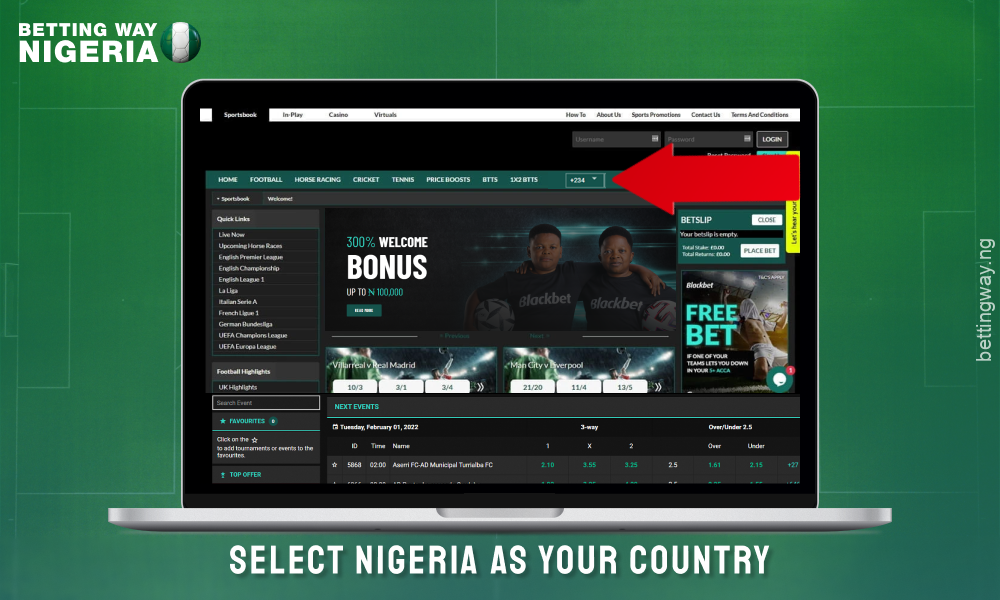 Select Nigeria as your country for registration on Blackbet