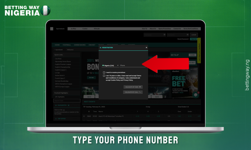 Enter your phone number to create an account on Blackbet
